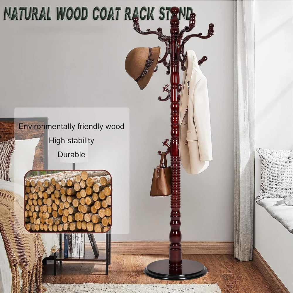 Wooden Coat Rack Freestanding, 14 Hooks, 73" Adjustable Height