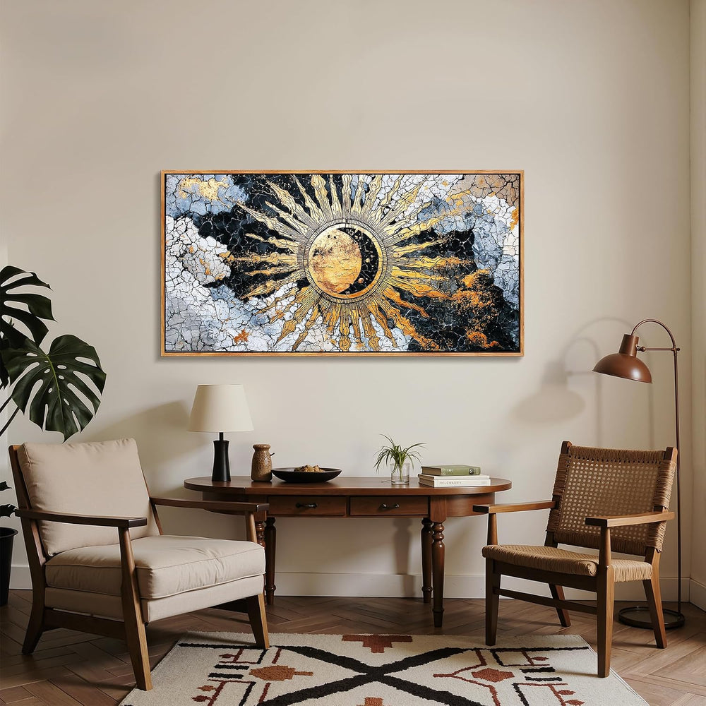 imjiayu Gold Sun Large Framed Wall Art Boho Celestial Dark Academia Decor