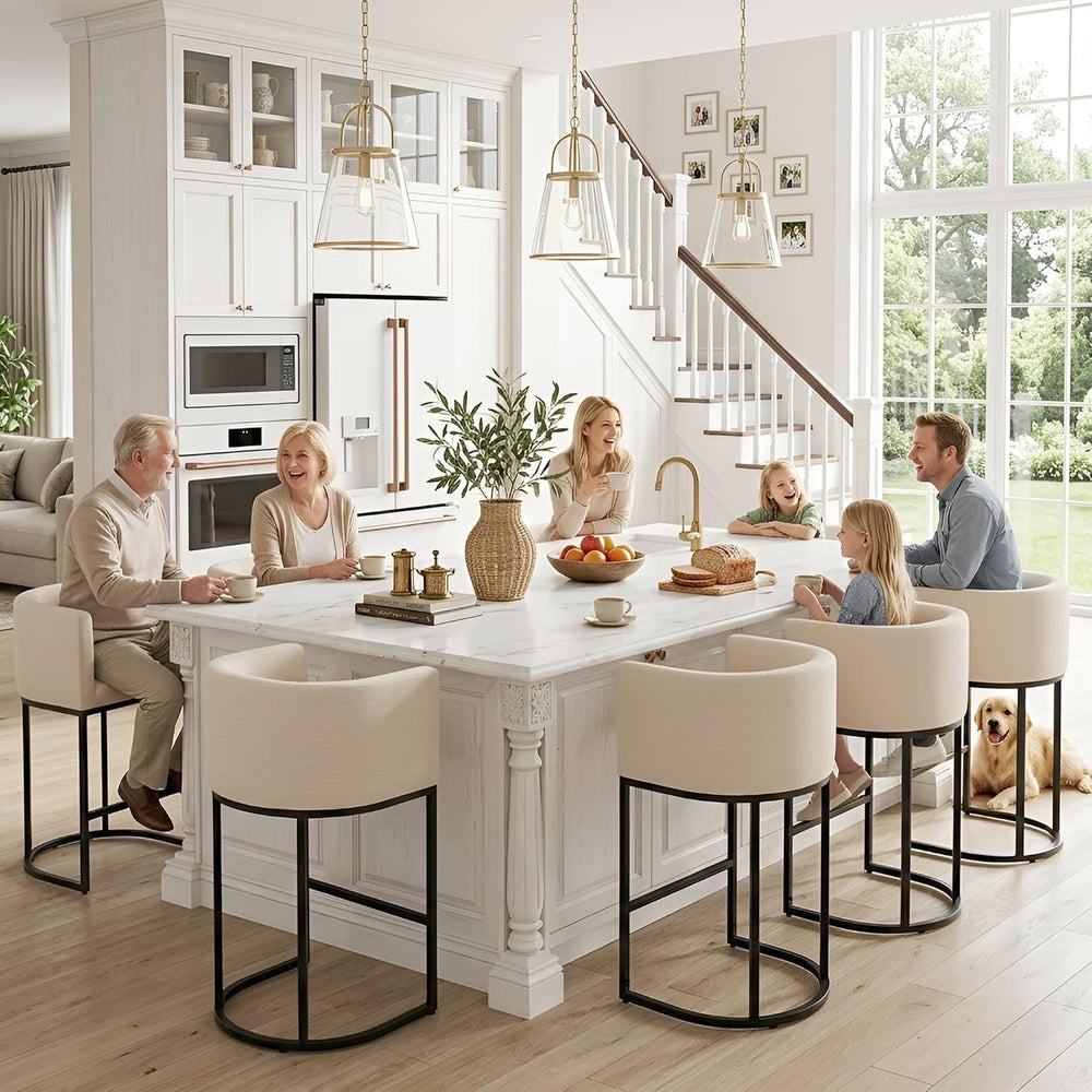 HNY Modern Counter Height Linen Fabric Cream Upholstered Counter Stools Set o...