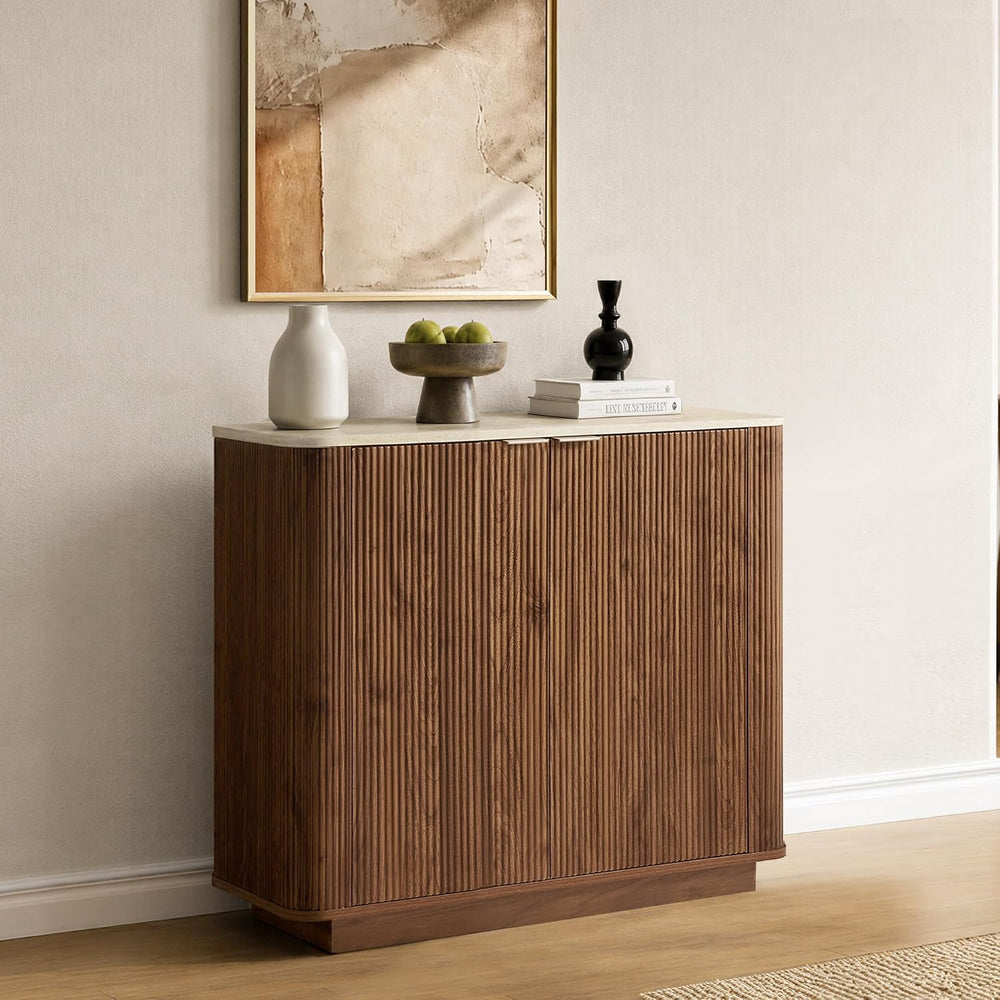 KISLOT 32" Fluted Buffet Sideboard with Storage Cabinet, Walnut