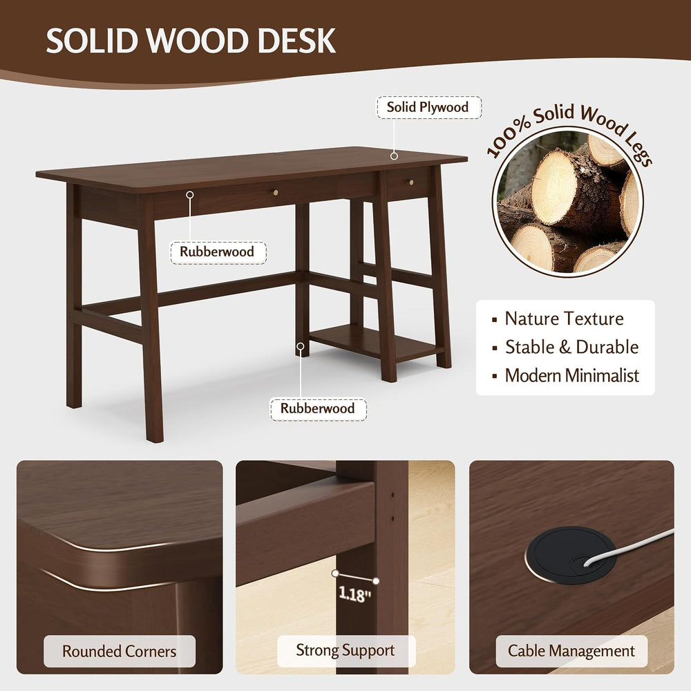 NELYE Solid Wood Writing Desk with Drawer, 58" W x 24" D, Walnut