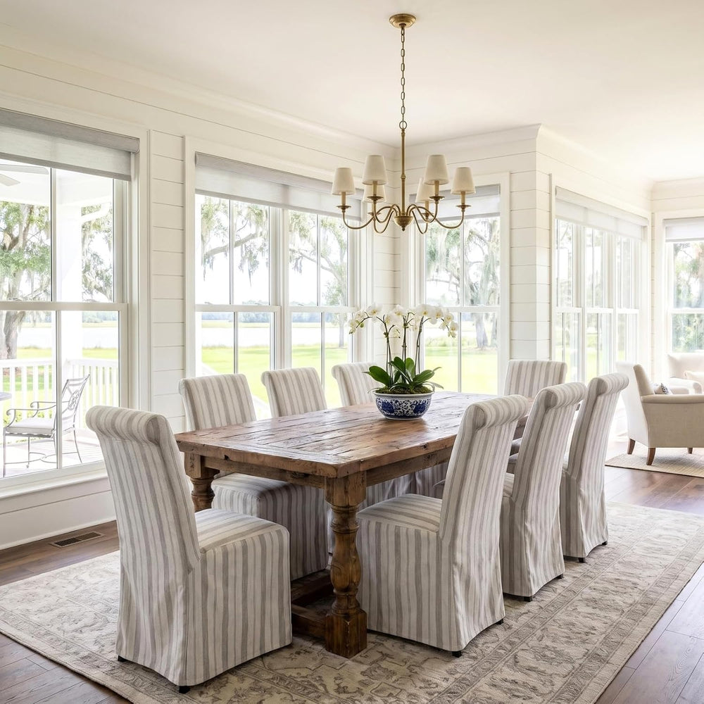 Upholstered Slipcovered Dining Chairs Set of 6, Khaki Stripe
