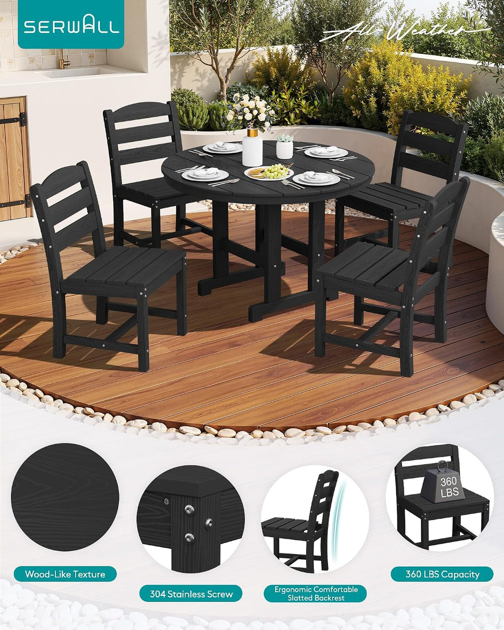 SERWALL 5-Piece Patio Dining Set, 45" Table & 4 Armless Chairs, Black