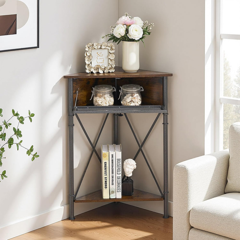 VECELO Corner Cabinet/Table, 3-Tier Display Shelves with Protection Door, Met...