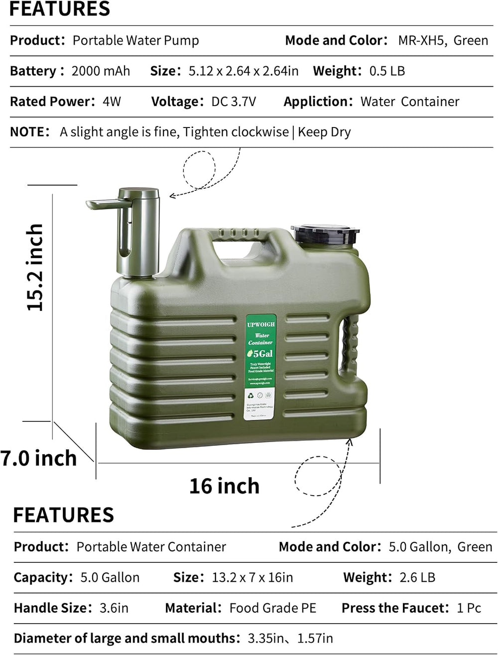 UPWOIGH 5 Gallon Water Jug with Rechargeable Touch Pump