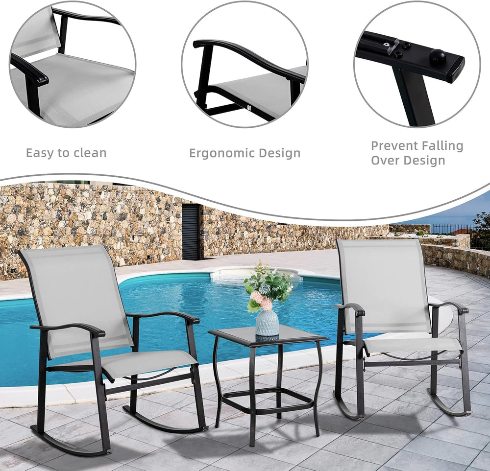 Vongrasig 3 Piece Outdoor Rocking Bistro Set, Textilene Fabric Small Patio Fu...