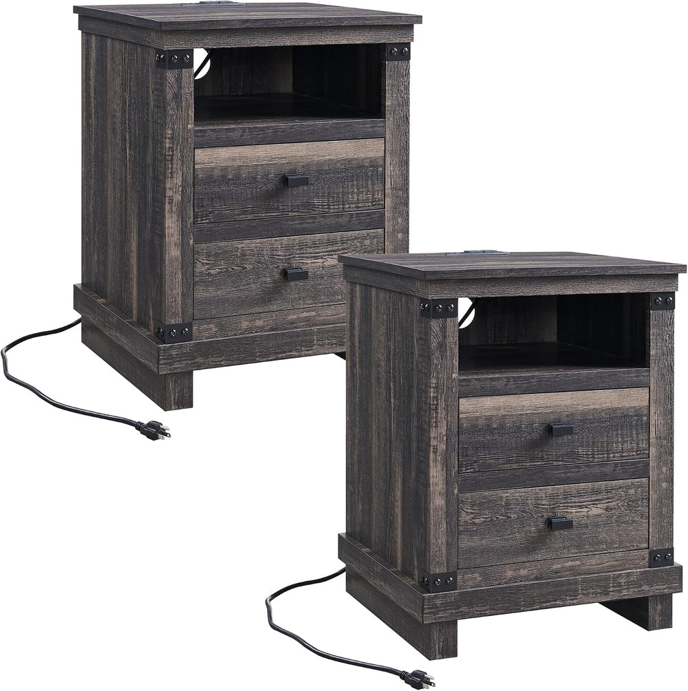 18" Farmhouse Nightstand Set of 2 with Charging Station, Dark Rustic Oak