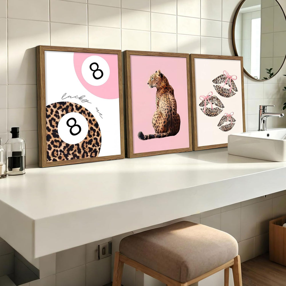 JYZXINWYQ Pink Coquette Wall Decor Set of 3, Cheetah Print Wall Art with Luck...