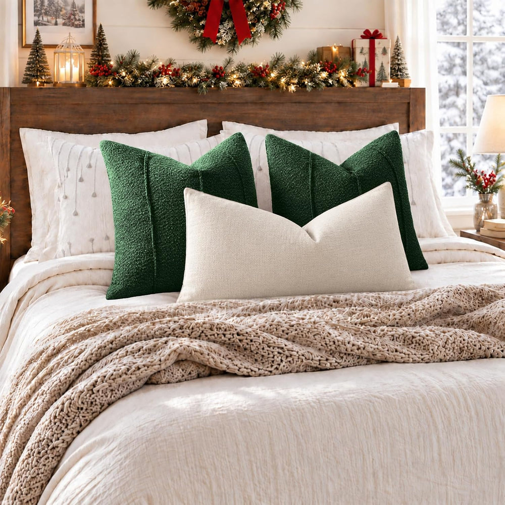 YCOLL Christmas Green Boucle Pillow Covers 24x24 Set of 2, Textured Christmas...