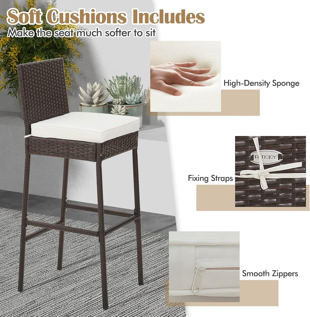 Tangkula Set of 2 Patio Wicker Barstools, Outdoor Bar Height Chair w/Soft Sea...