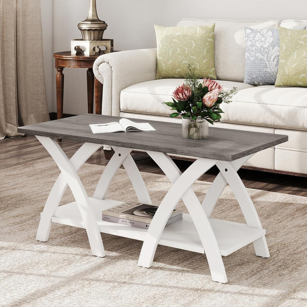GIANTEX Farmhouse Coffee Table, 2-Tier Wood Center Table with Storage Shelf &...