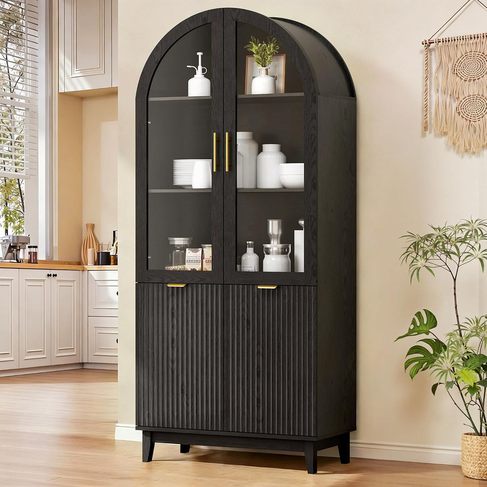 Pamapic 71" Tall Arched Cabinet with Glass Doors, Fluted Kitchen Pantry ...