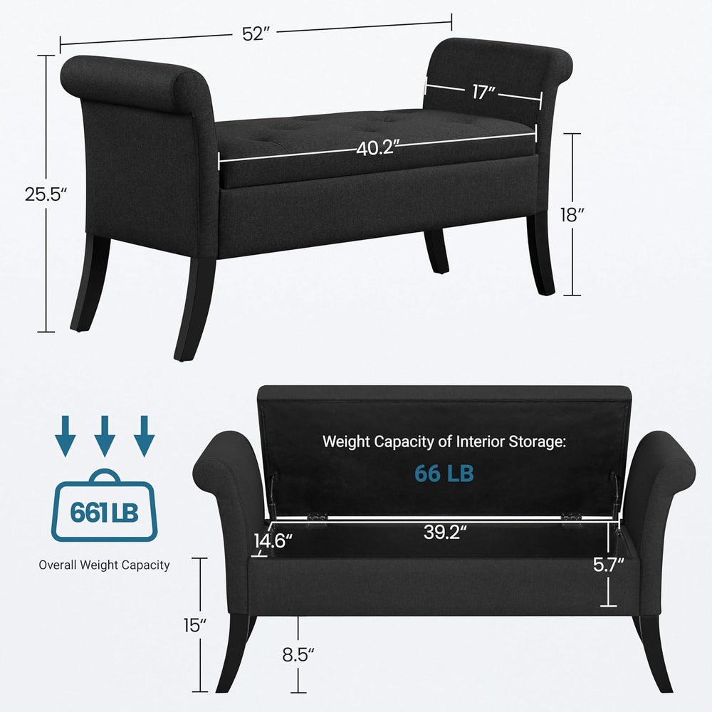 Yaheetech 52in Storage Bench for Bedroom End of Bed with Rolled Arms, Black