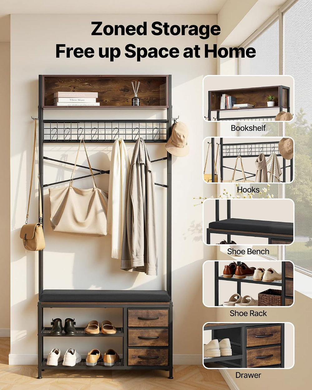 VEVOR Hall Tree with Bench and Shoe Storage, Entryway Bench with Coat Rack, 3...