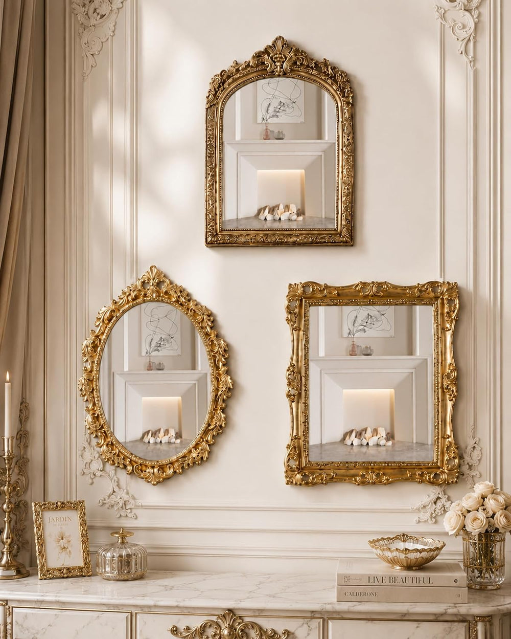 Wonderjune 3 Pcs Vintage Gold Wall Mirror Set, Retro Mixed Style
