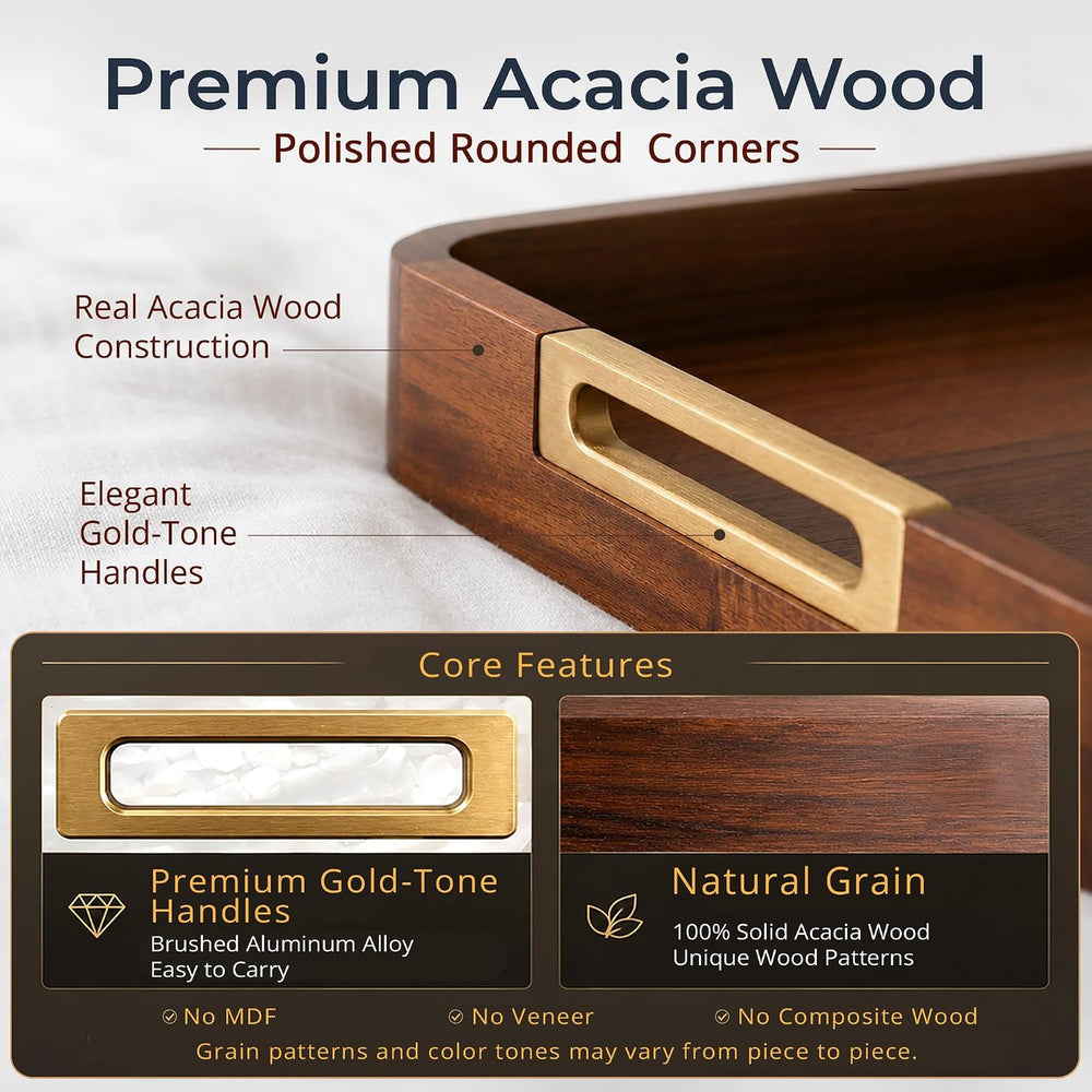 100% Acacia Wooden Serving Tray with Gold-Tone Aluminum Handles