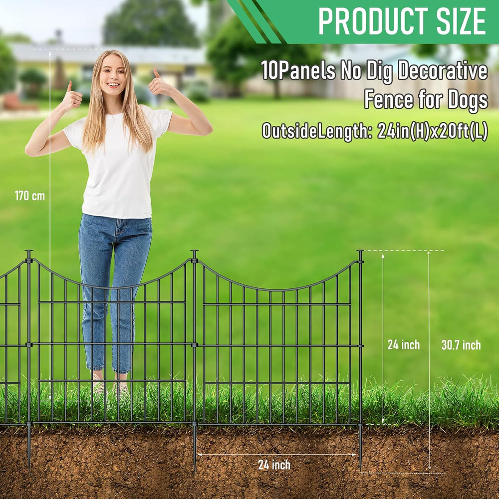 10‑Panel No‑Dig Metal Garden Fence 24" H x 20'L Dog Fence Outdoor fo...