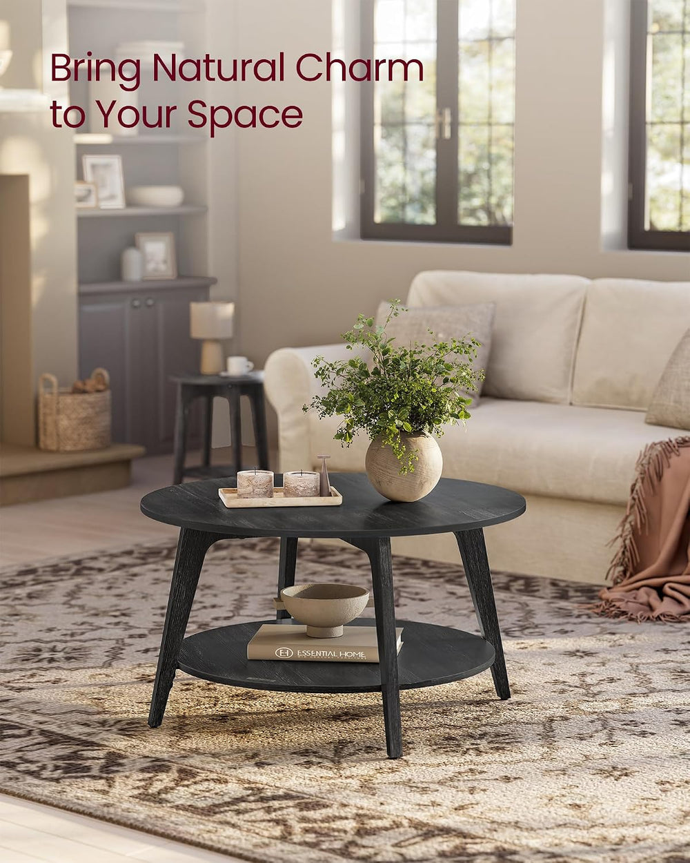 VASAGLE Round Coffee Table, 2-Tier Center Table with Storage, Tapered Legs