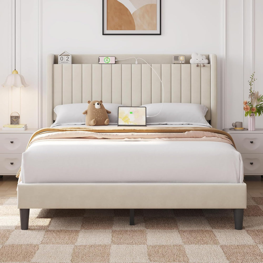 Yaheetech Queen Bed Frame with Channel-Tufted Storage Headboard, Beige