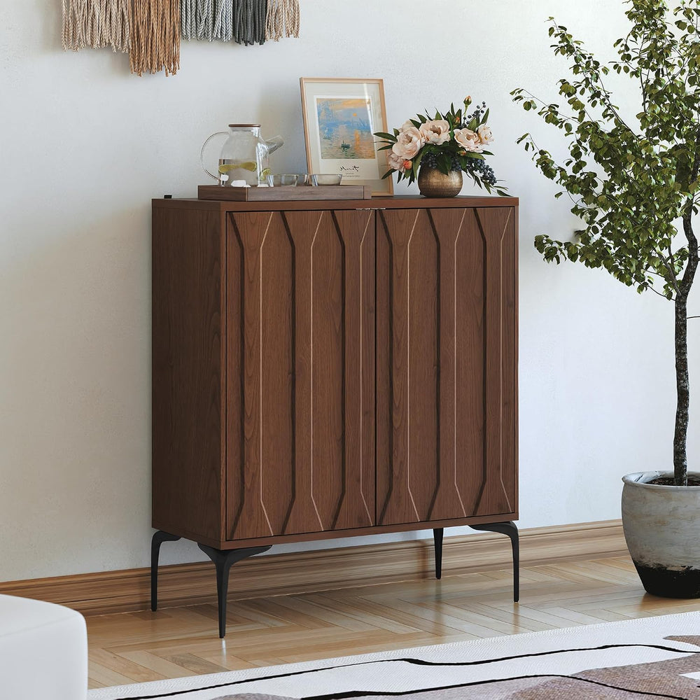 3More 3D Lattice Design 2 Door Accent Sideboard with Iron Legs,Walnut