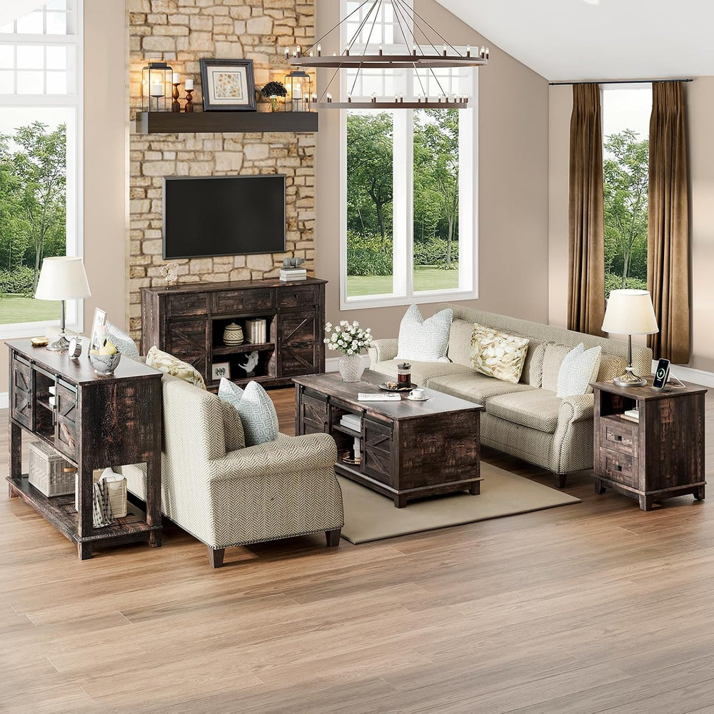 LUXOAK 48" Farmhouse Coffee Table with Sliding Barn Doors, Dark Rustic Oak