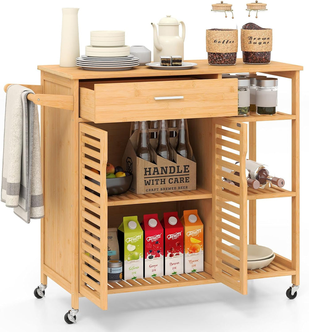 LOKO Mobile Bamboo Kitchen Island Cart, Rolling Storage Sideboard, Natural