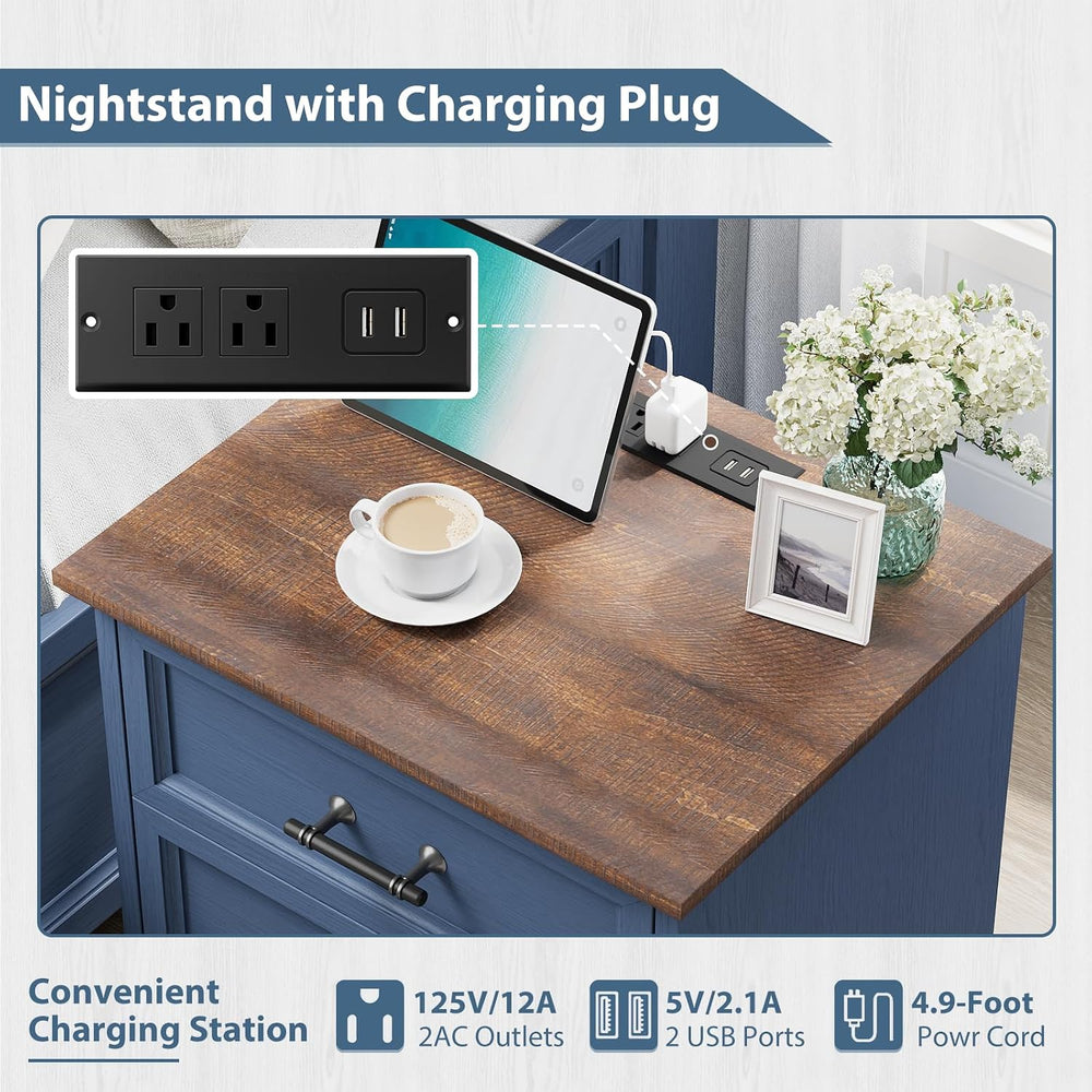 Farmhouse Nightstand with Charging Station, Blue Wood Bedside Table & End...
