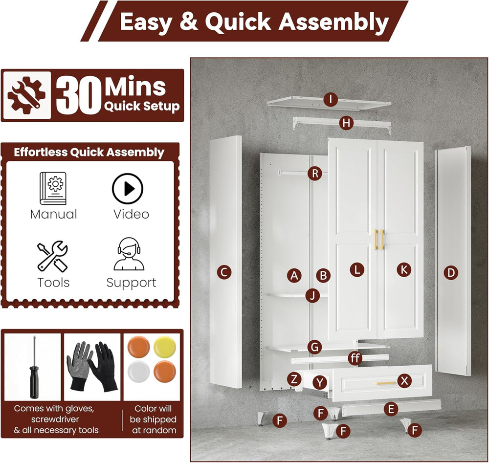 71" Tall Wardrobe Closet with Doors and Adjustable Shelves, White