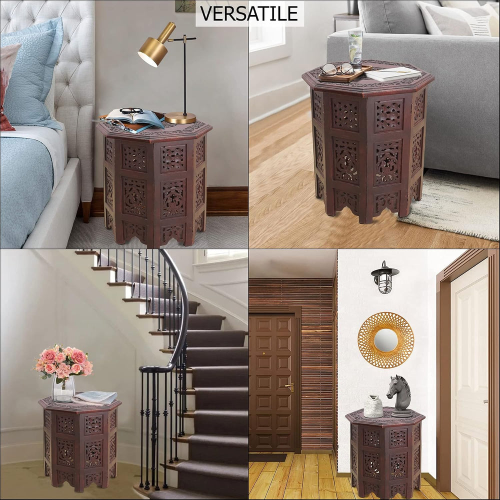 COTTON CRAFT Solid Wood End Table - Hand Carved Folding Accent Side Table