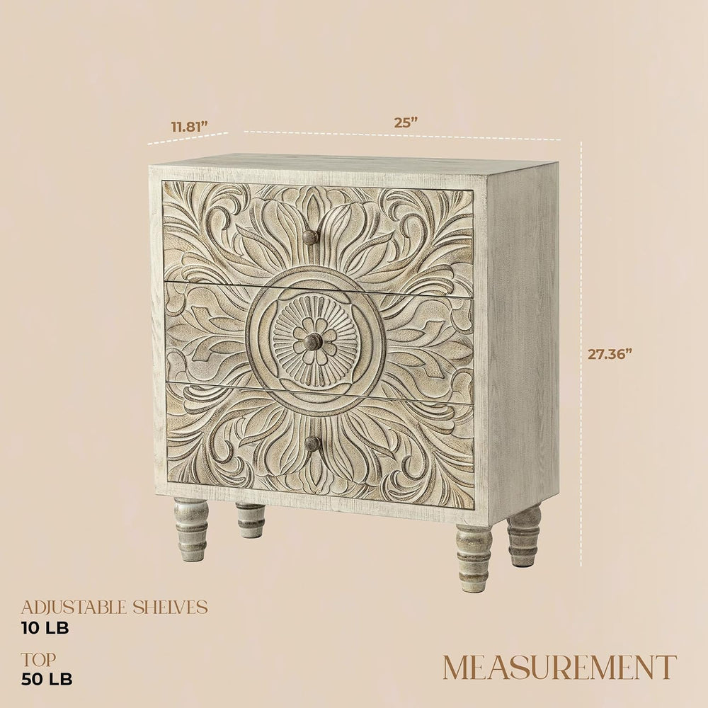 COZAYH 3-Drawer Bedroom Dresser with Carved Floral Front, Distressed Weathere...