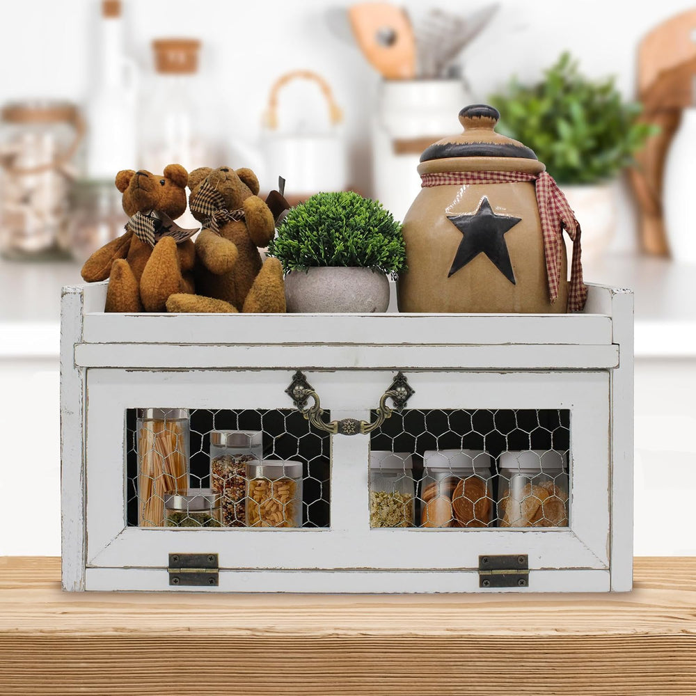 Farmhouse Countertop Storage Organizer, Rustic Wood Kitchen Cabinet with Chic...