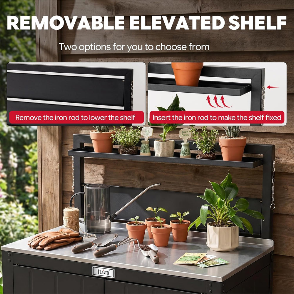 Feasto Outdoor Potting Bench Table with Storage Cabinet, Black
