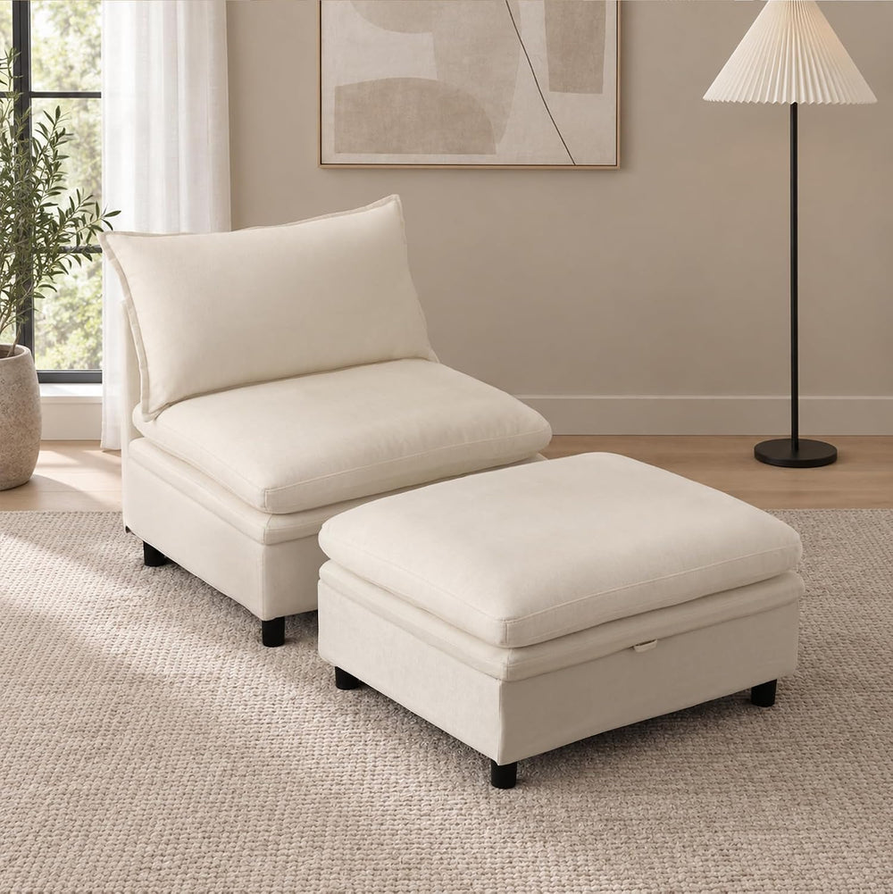 Single Armchair with Storage Ottoman, Modern Chenille Cloud