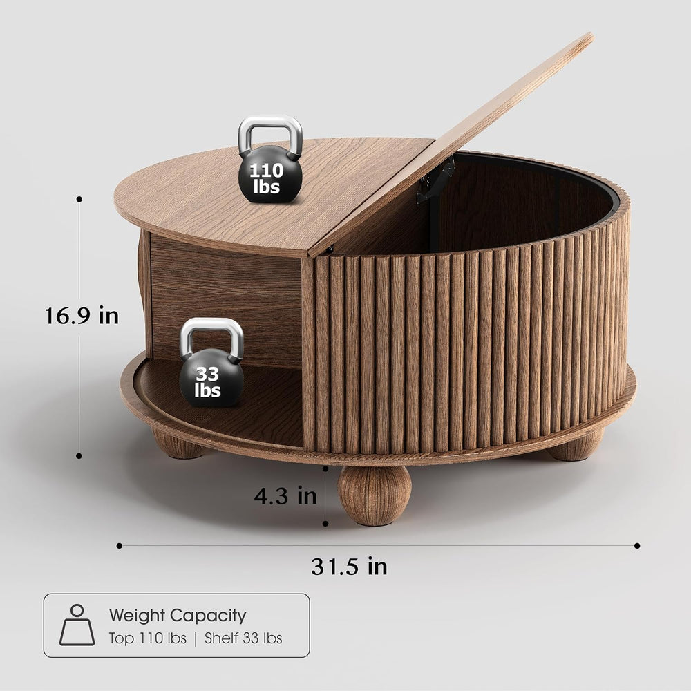 JOINICE 31.5" Round Coffee Table with Storage,Unique Bun Feet,Walnut Finish