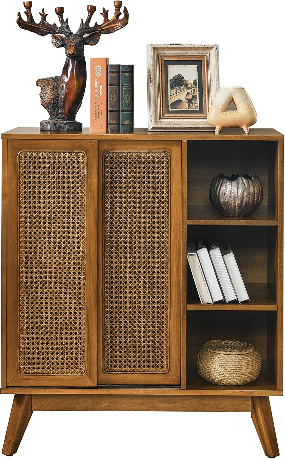 LKTART Mid Century Modern Small Rattan Sideboard Buffet Storage Cabinet