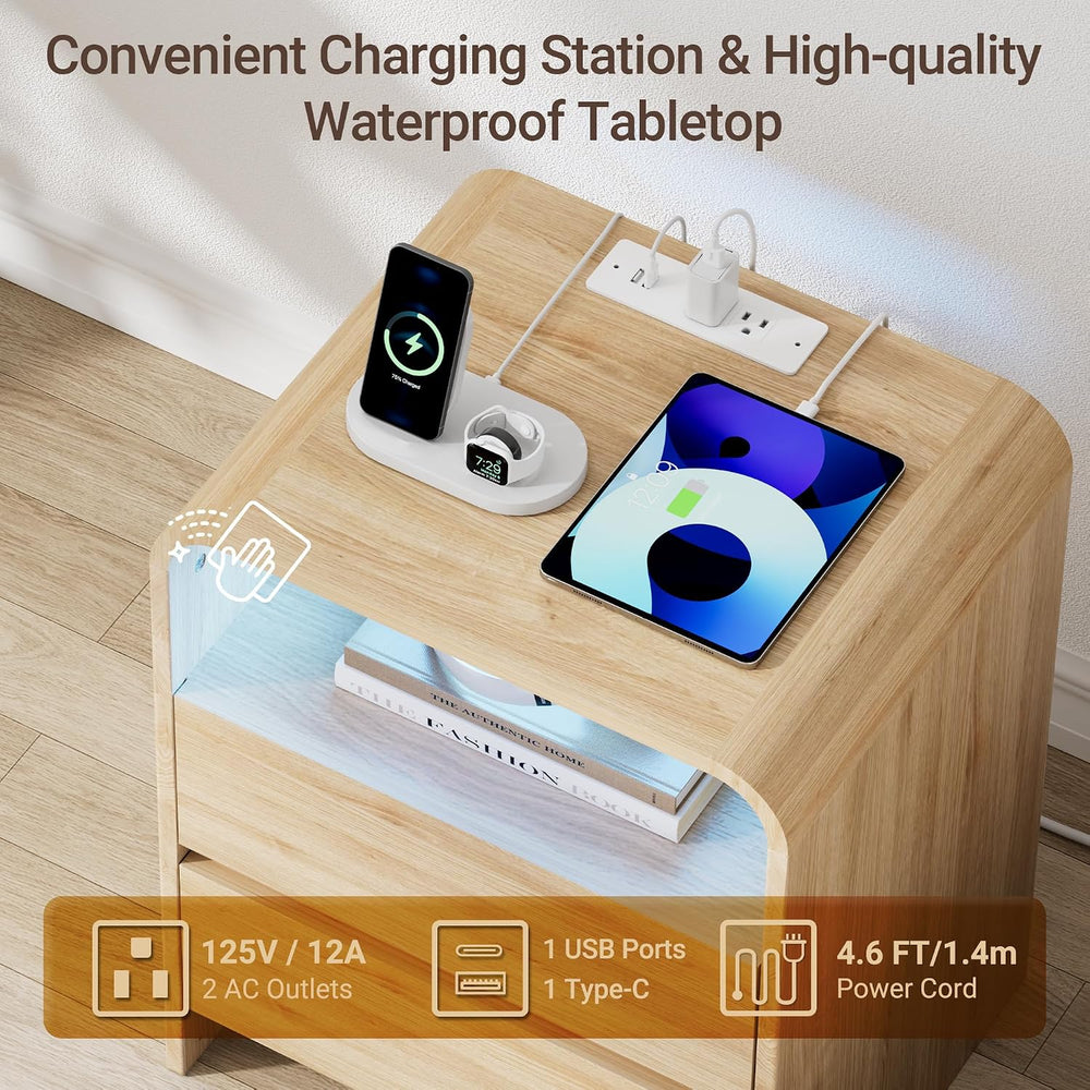 18"W 2 Drawer Nightstands Set of 2 with Charging & RGB LED Light