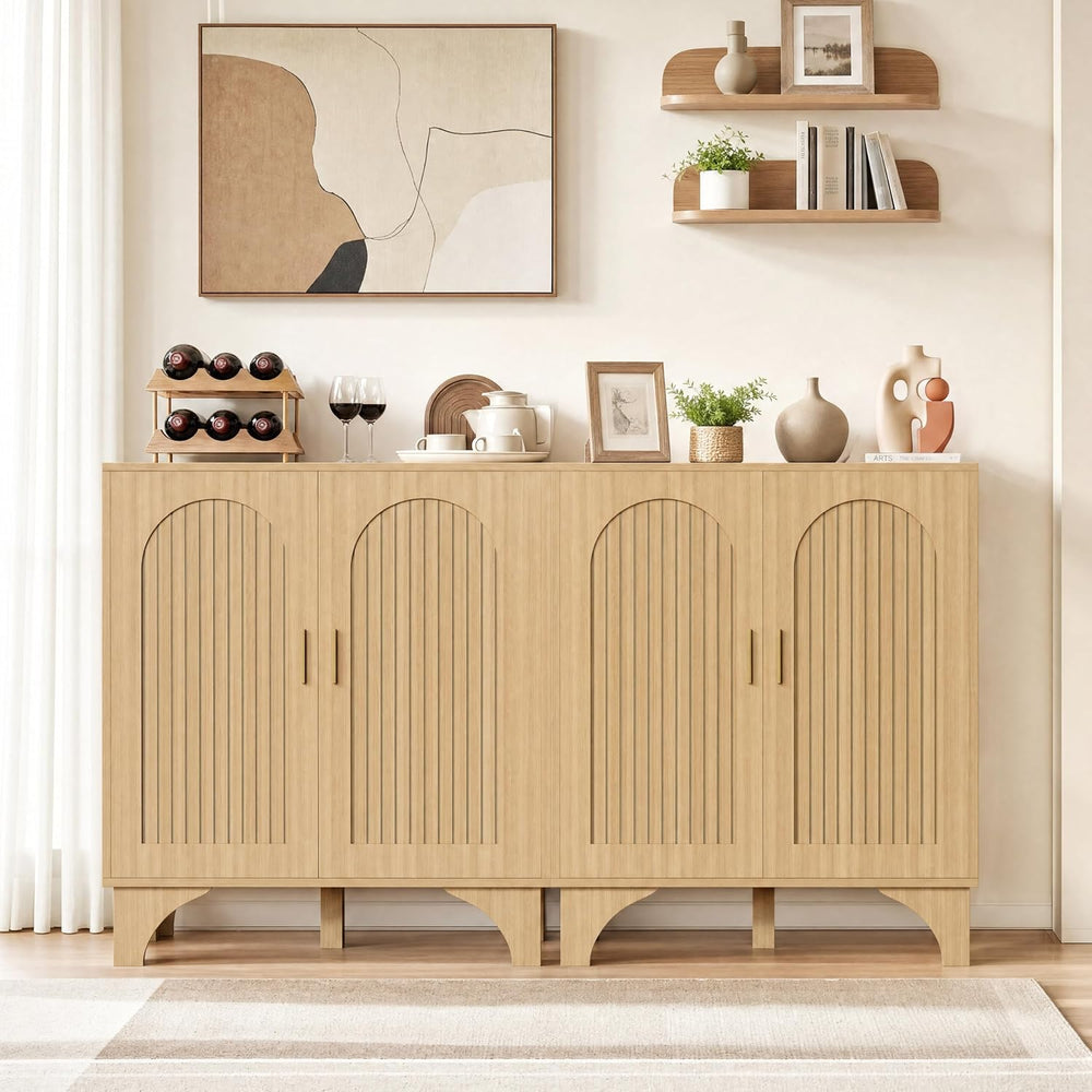 Mid Century Modern Buffet Cabinet Arched Doors Natural Storage Sideboard