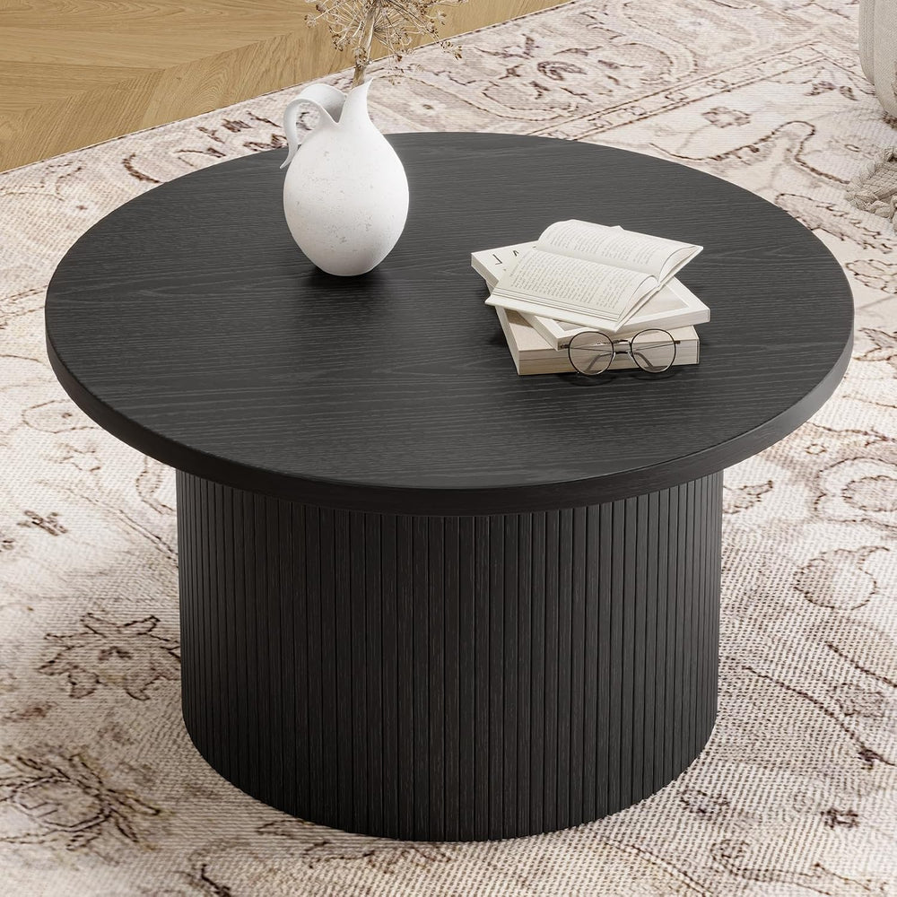 ONBRILL 31.5" Round Coffee Table, Tambour Design, Black