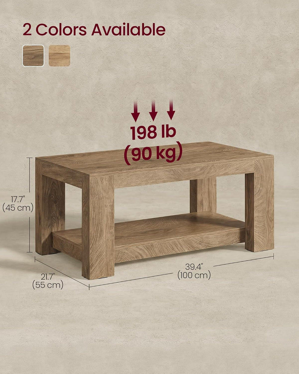 VASAGLE Coffee Table, 2-Tier Center Table with Rustic Charm and Clean Lines
