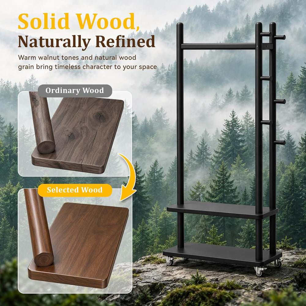 Taitiy Coat Rack Solid Wood Stand Storage 2 Shelves 5 Hooks Black