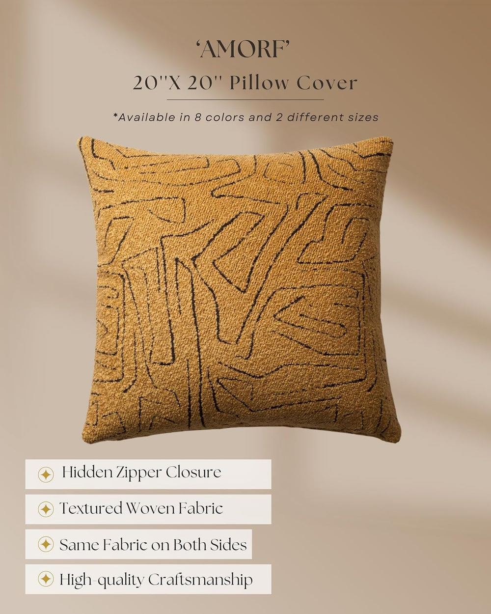 Throw Pillow Covers, Pack of 1, Amorf, Mustard, 20"x20"