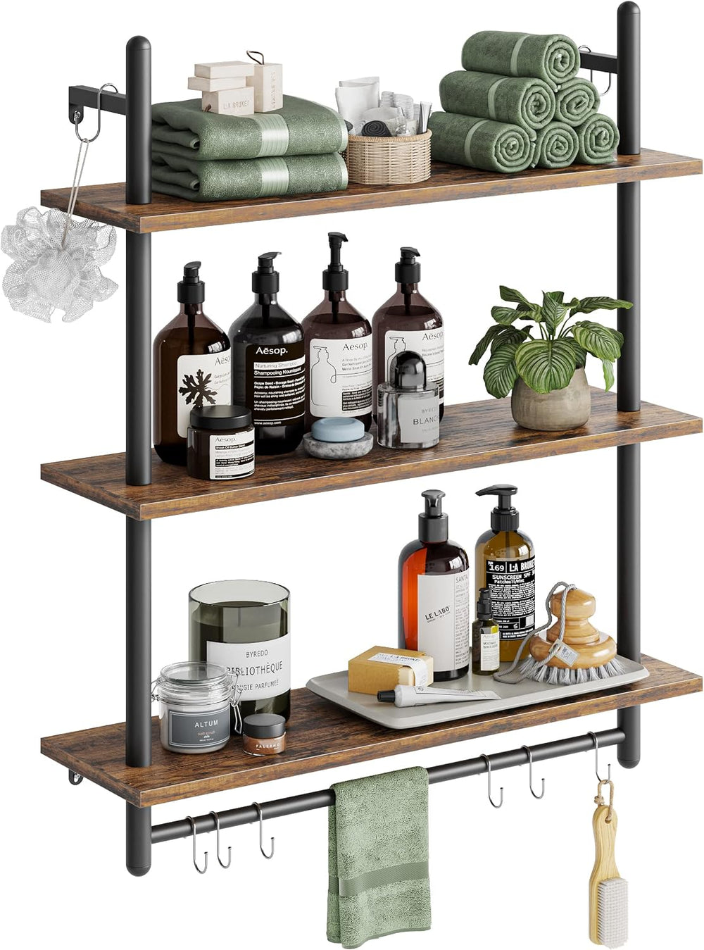 Bestier 3 Tier Industrial Pipe Shelving, Floating Book Shelves for Wall, Stor...
