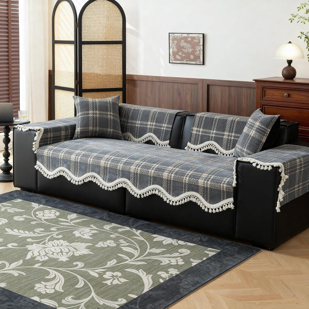 VOGOL Plaid Chenille Sofa Pad, Non Slip Couch Cover, 27 x 70, Light Gray