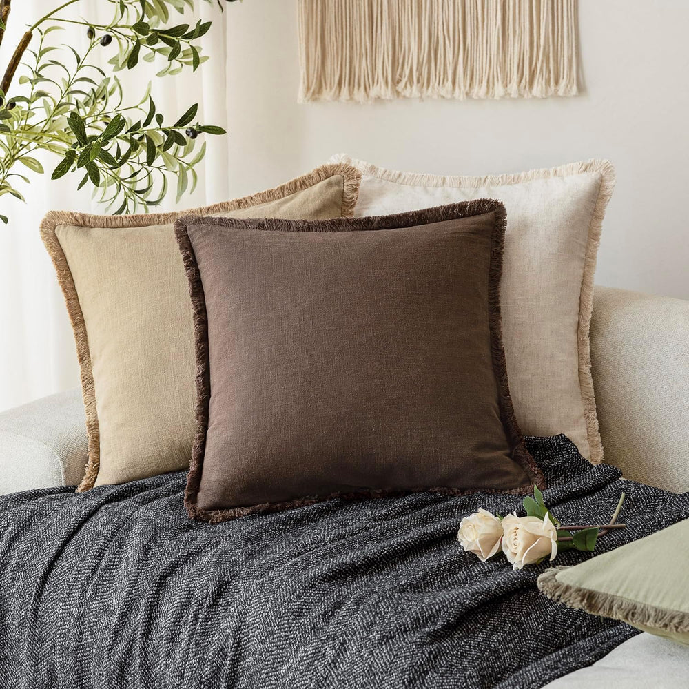 Foindtower Decorative Linen Fringe Throw Pillow Covers 22×22 Reddish Brown