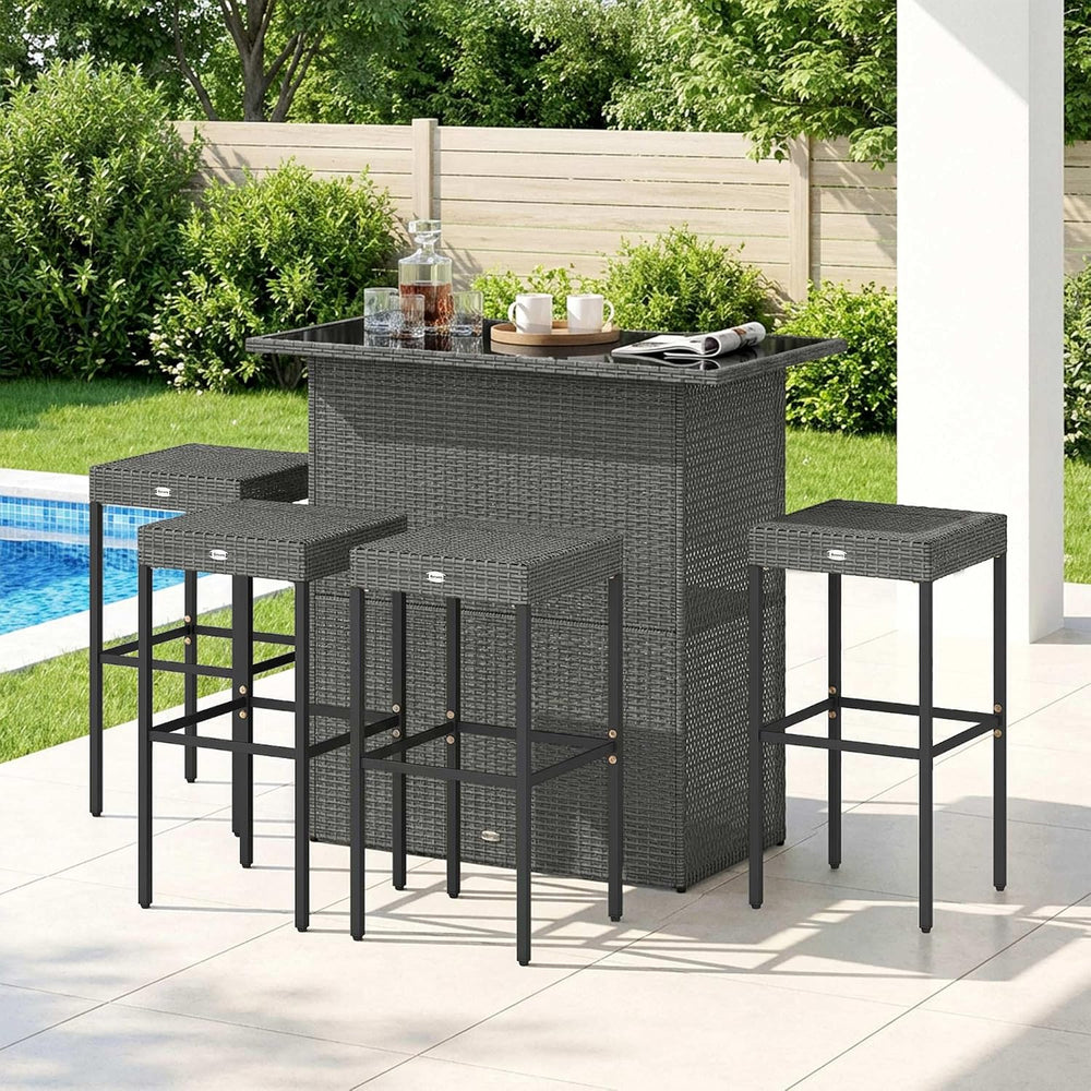 Outsunny 5 Piece Wicker Outdoor Bar Set with Glass Table Top Dark Gray