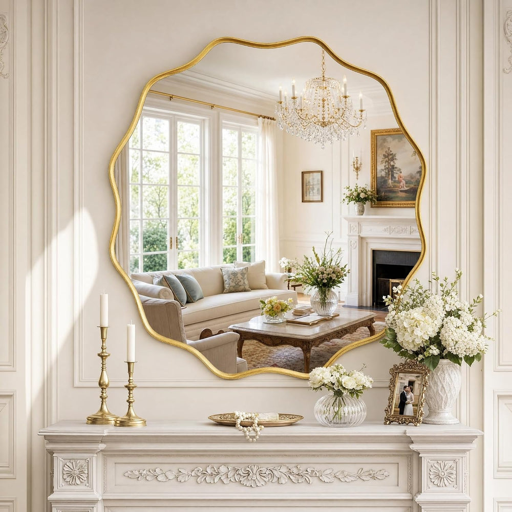 Gold Scalloped Circle Mirror, 30" Wavy Edge Round Wall Mirror