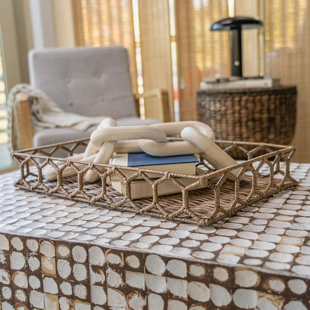 happimess Honeycomb 19.75" Hand-Woven Rattan Serving Tray, Natural