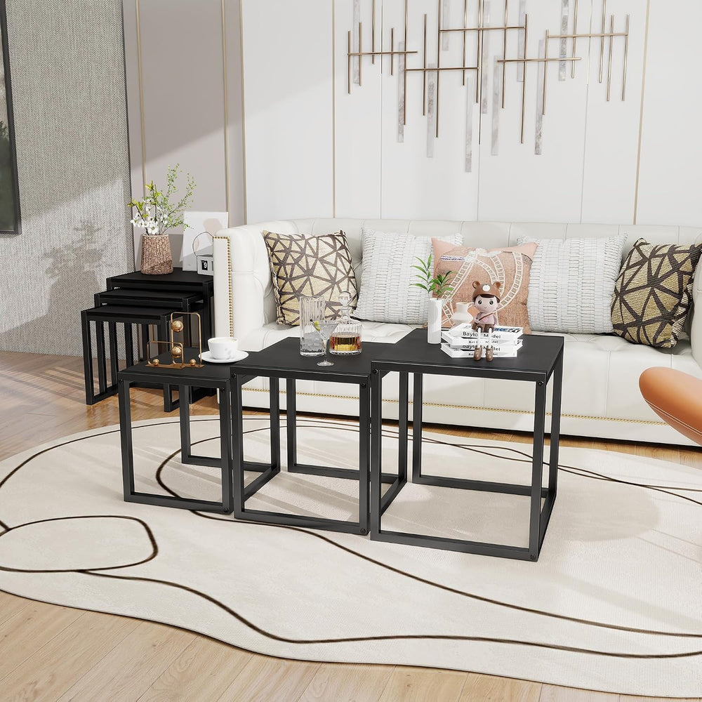 Nesting Coffee Table Set of 3, Stacking Metal Side Tables, Black