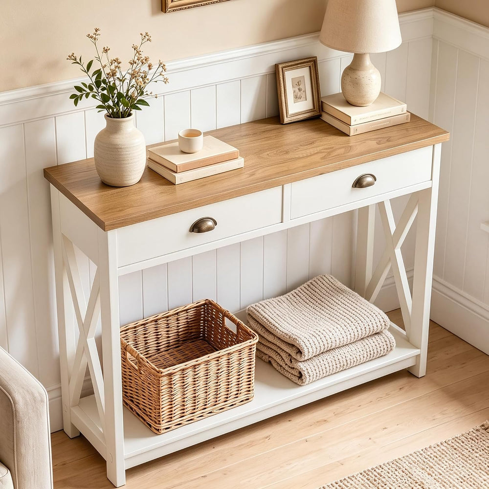 MAISON ARTS Entryway Table with 2 Drawers, Modern Hallway Table, Ivory