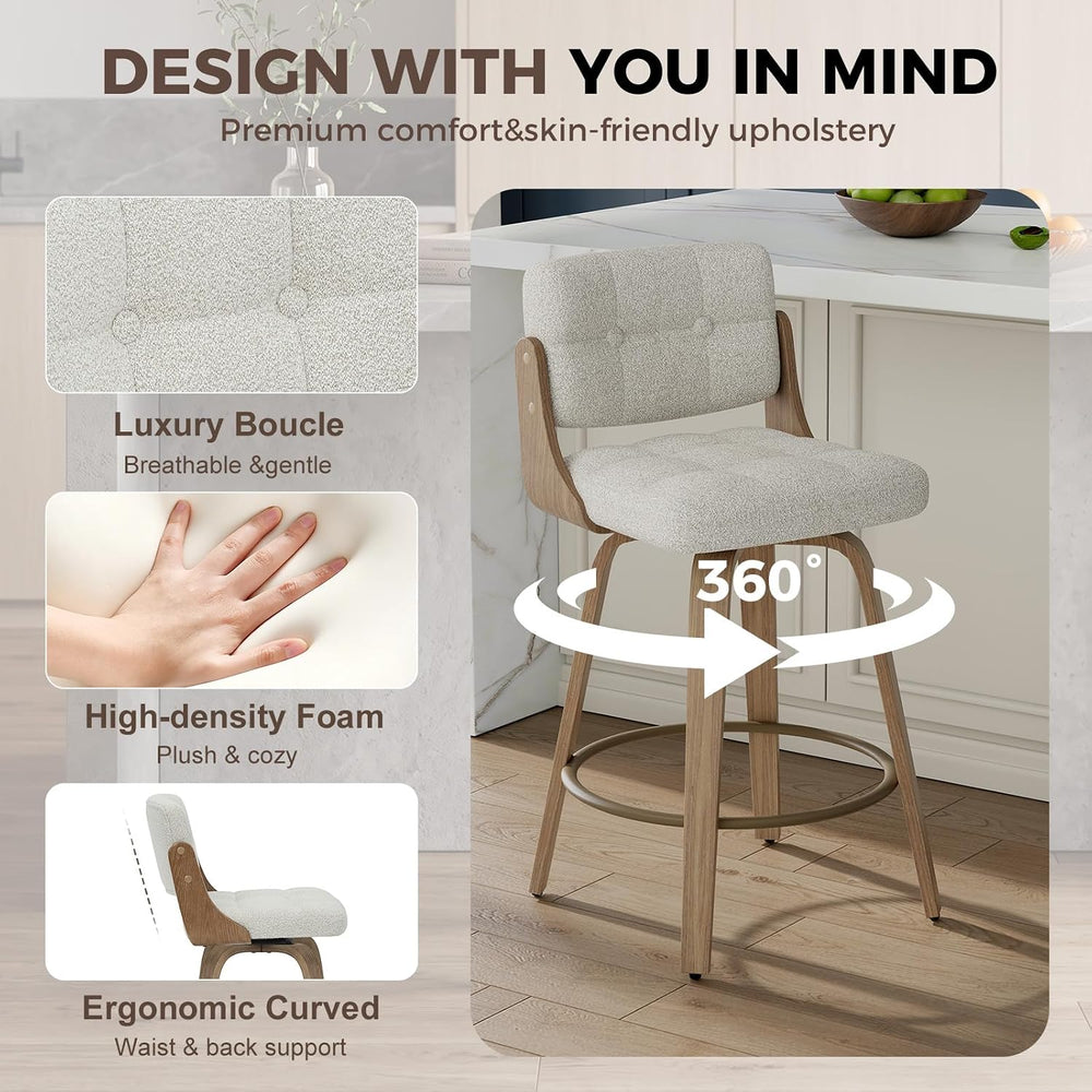 26" Swivel Boucle Counter Height Bar Stool, Open Back, Beige